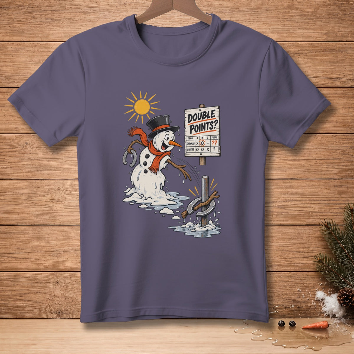 Snowman playing horseshoes with melting snow and a "Double Points?" sign.