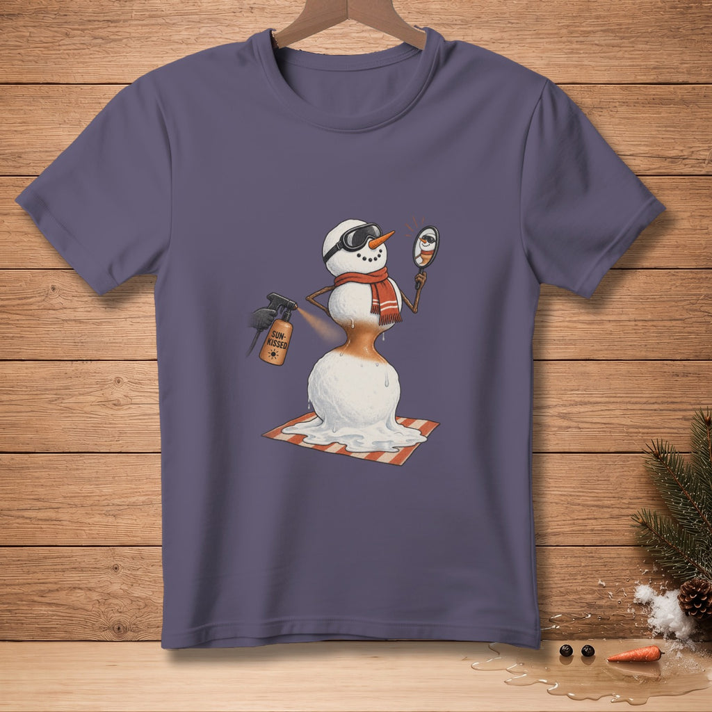 Snowman applying tanning spray and admiring himself in a mirror.