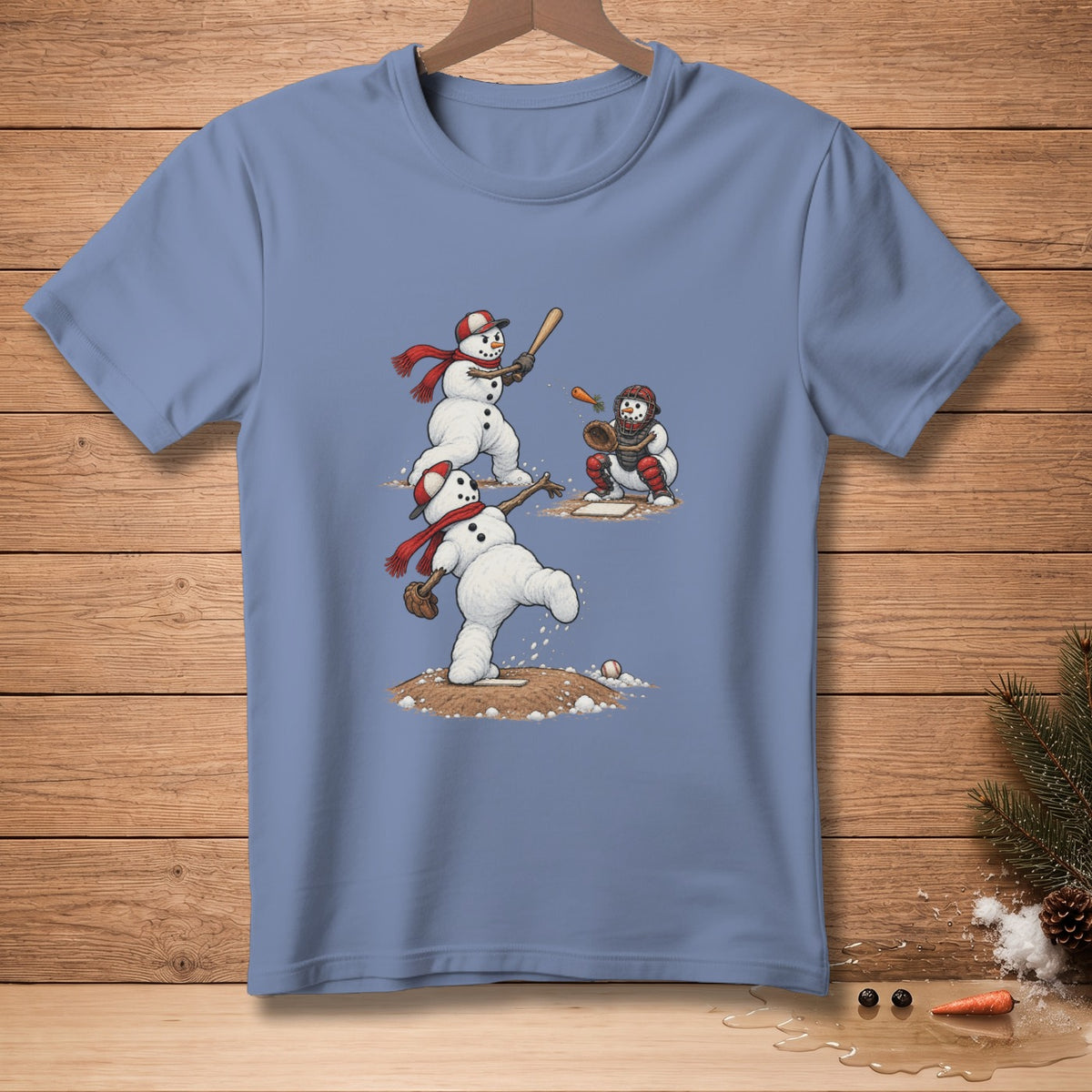 Snowmen playing baseball with a pitcher, batter, and catcher on a dirt field.