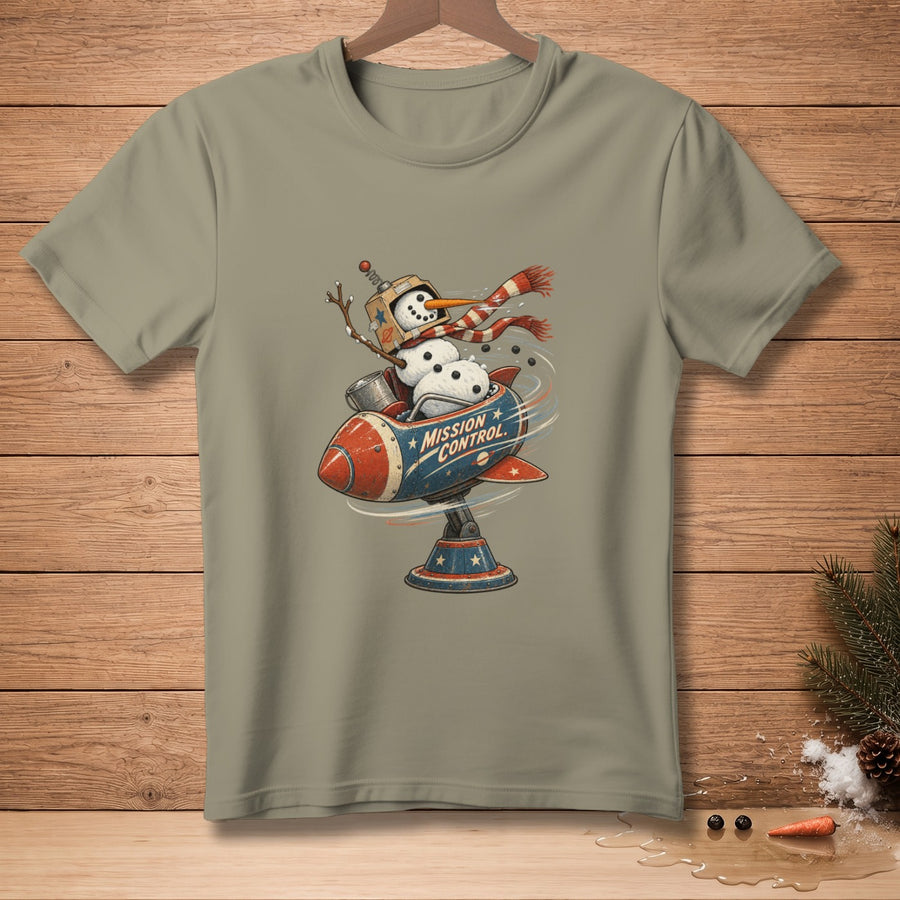 Snowman in rocket ship with "Mission Control" text on shirt.
