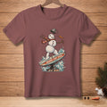 Snowman surfing with text "BORN FOR THIS" on a surfboard.