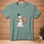 Melting snowman with a carrot nose and hat holding a cup near a "Free Refills" sign.