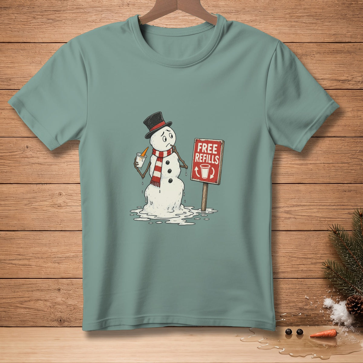Melting snowman with a carrot nose and hat holding a cup near a "Free Refills" sign.