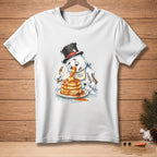 Melting snowman with top hat eating pancakes, wearing bib with text "Light & Fluffy".