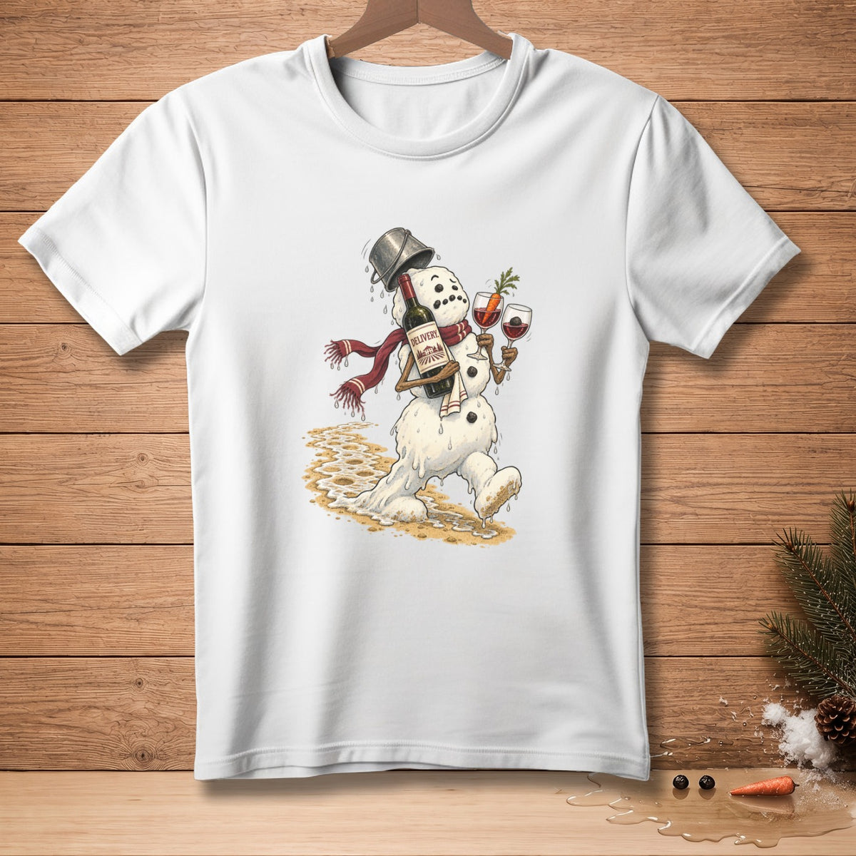 Melting snowman carrying wine, wearing a scarf and bucket hat, with two glasses.