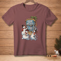 Three snowmen get ice from a tropical stand with "TOP ME OFF" text.