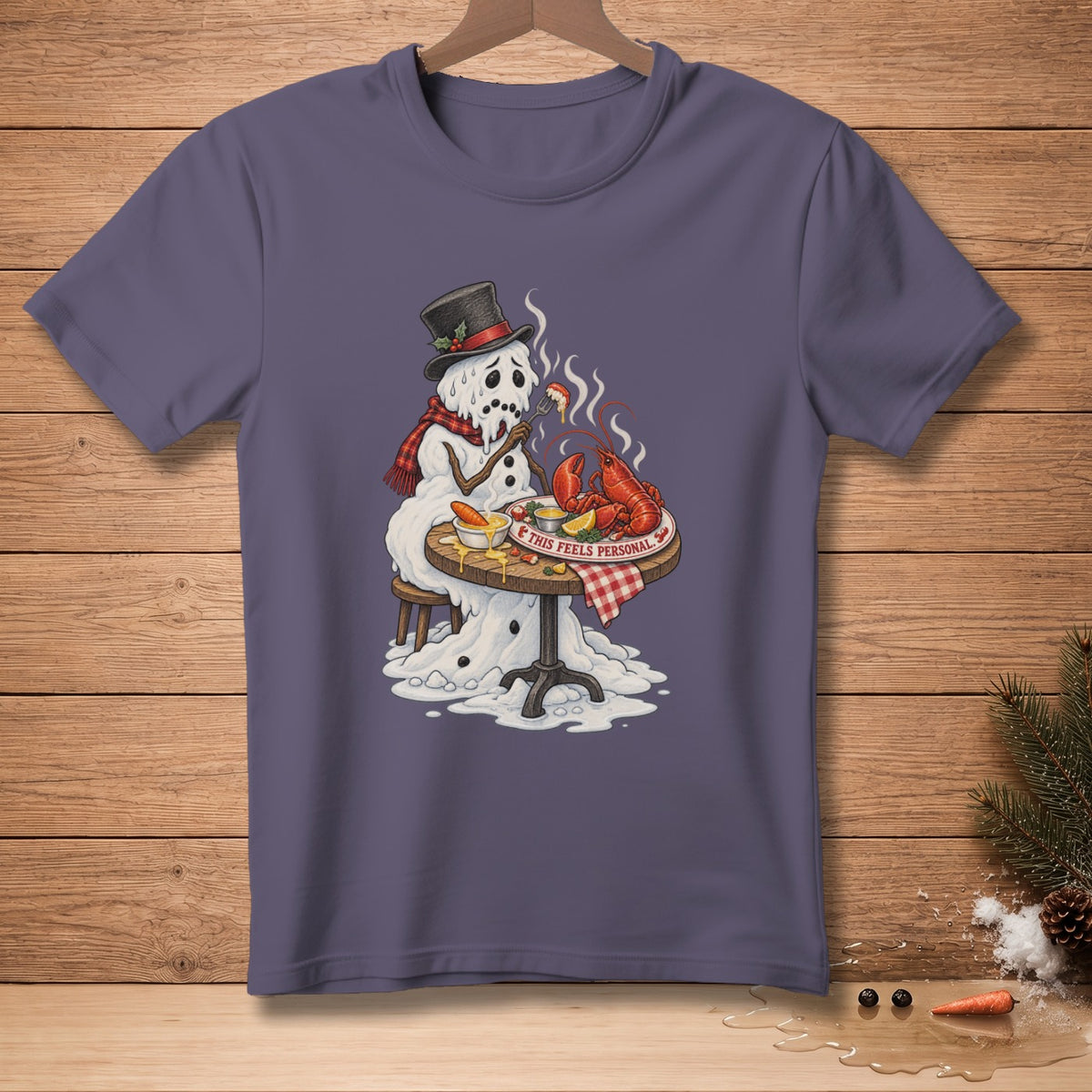 Melting snowman in top hat eating lobster with text "This Feels Personal".