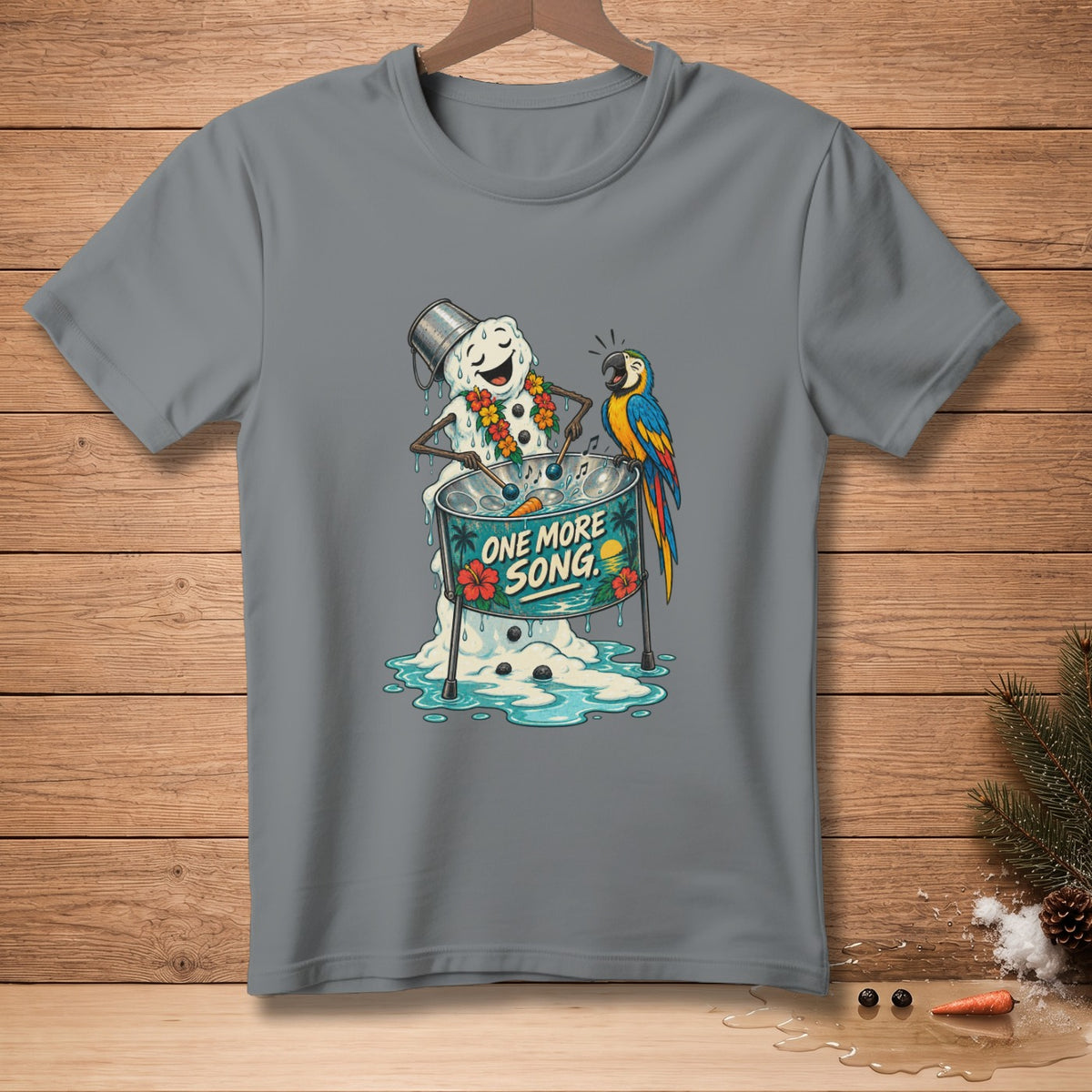 Melting snowman with lei plays steel drum next to a parrot, with text "ONE MORE SONG".