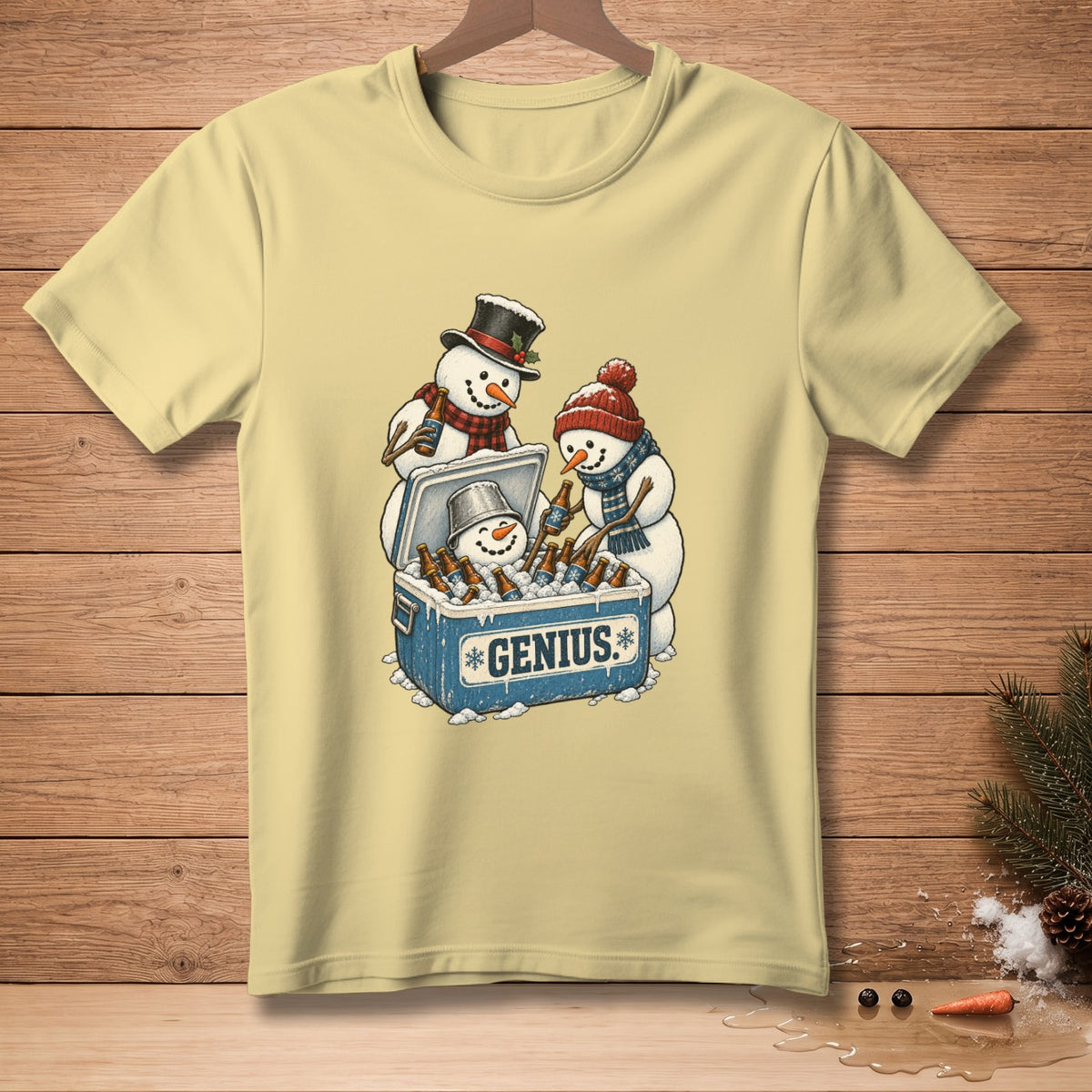 Three snowmen chill beers in a cooler with text that reads "GENIUS*".