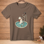 Melting snowman with scarf climbs a ladder to pool, with text "ALMOST".