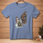 Bigfoot hides behind a tree as snowmen play hide-and-seek.
