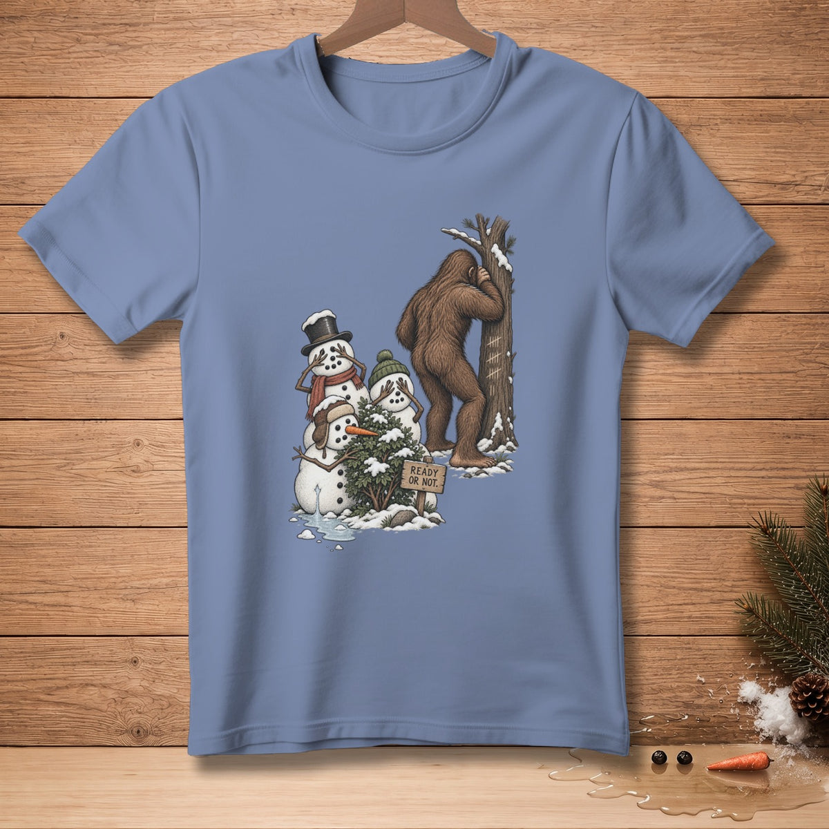 Bigfoot hides behind a tree as snowmen play hide-and-seek.