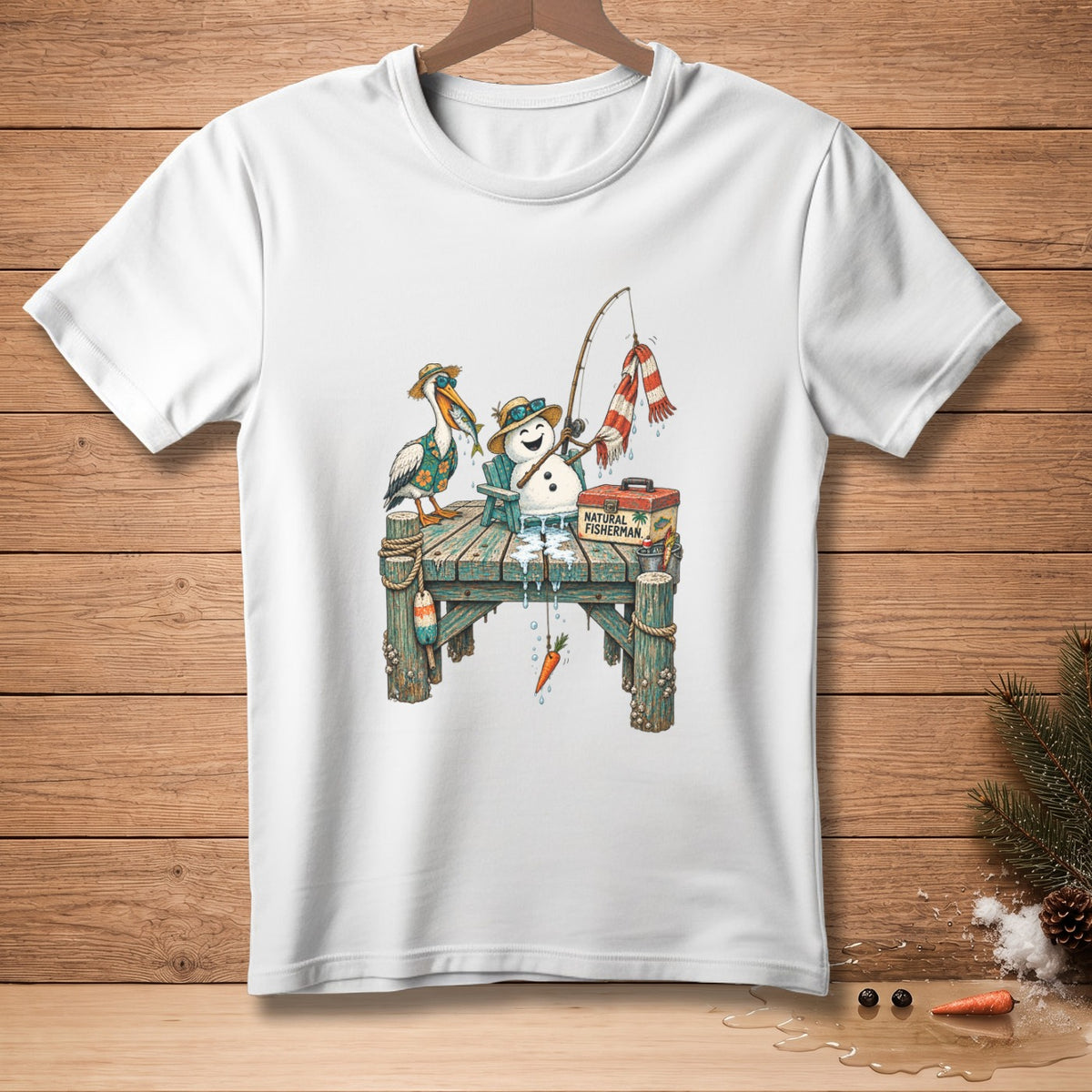 Snowman and pelican fishing on a pier, "Natural Fisherman" text.