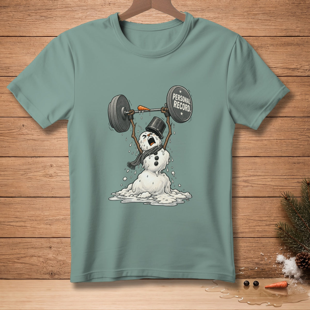 Melting snowman in top hat lifts barbell with "PERSONAL RECORD" weight.