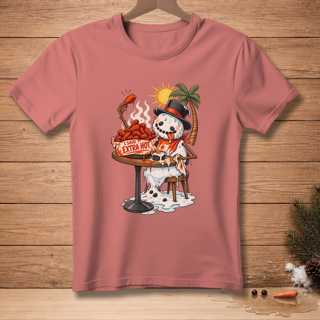 Melting snowman in top hat eats chicken wings that say "I said extra hot".