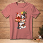 Melting snowman in top hat eats chicken wings that say "I said extra hot".
