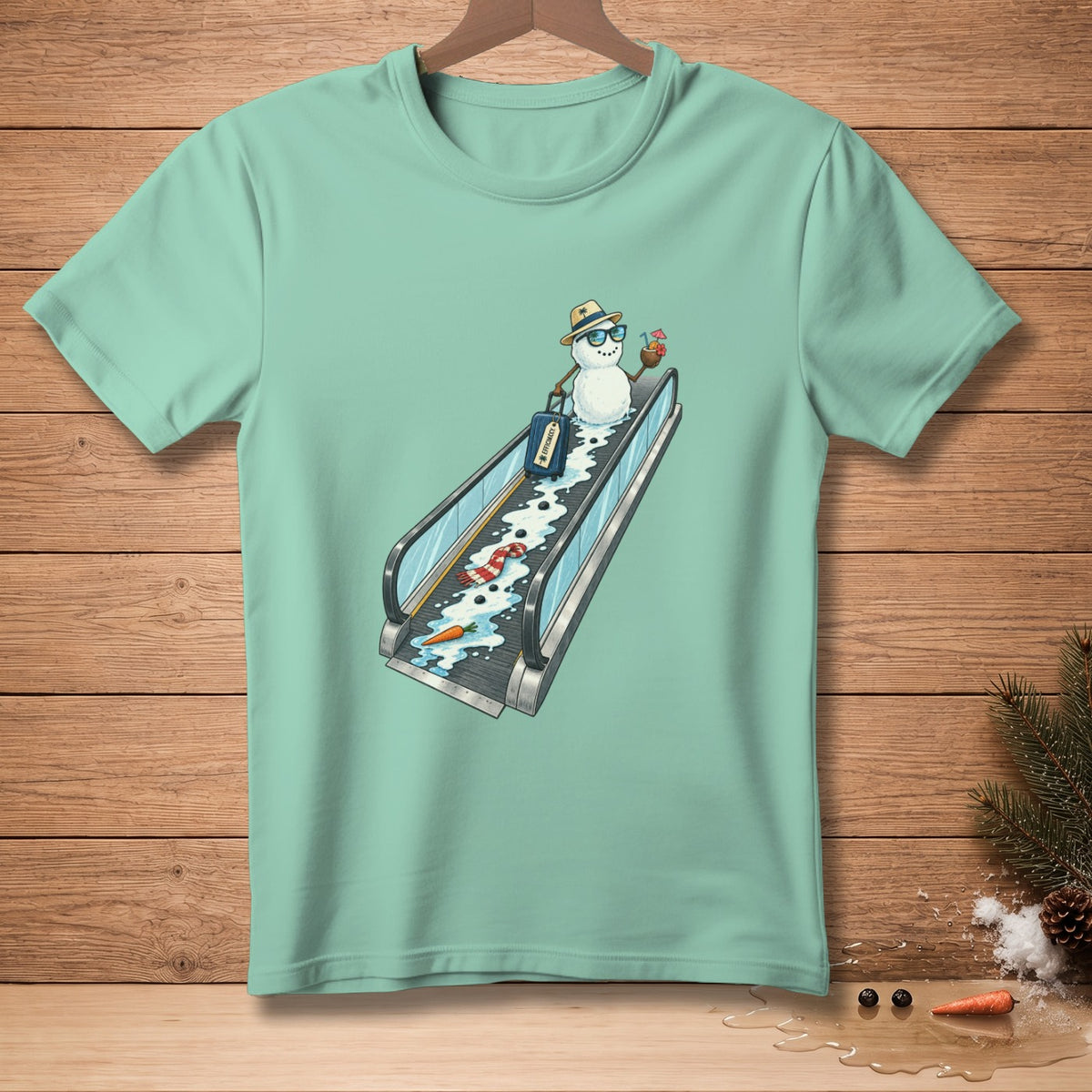 Snowman on escalator with suitcase, holding a tropical drink.