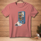 T-shirt with graphic of melting snowman near vending machine, text "SO CLOSE."