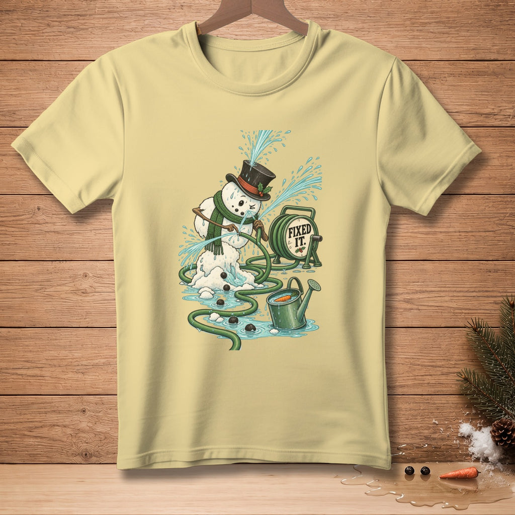 Yellow t-shirt with a melting snowman using a hose, text reads "Fixed It."