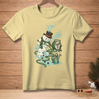 Yellow t-shirt with a melting snowman using a hose, text reads "Fixed It."