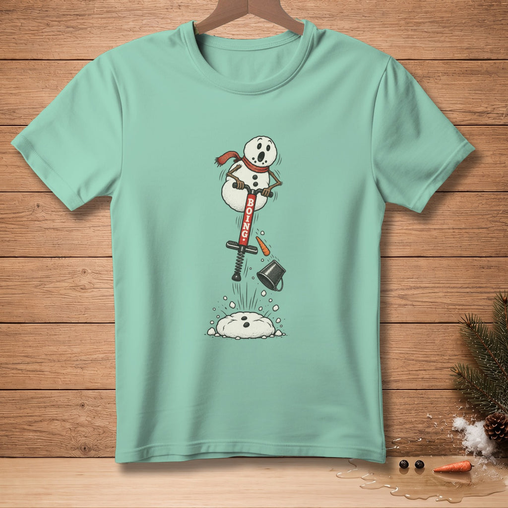Snowman on pogo stick, with text "BOING", falling apart.