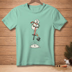 Snowman on pogo stick, with text "BOING", falling apart.