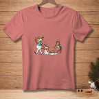 Snowmen in Hawaiian shirts walk in a melting parade with a parrot holding a drum.