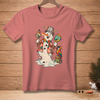 Melting snowman in Hawaiian shirt playing maracas with a parrot.