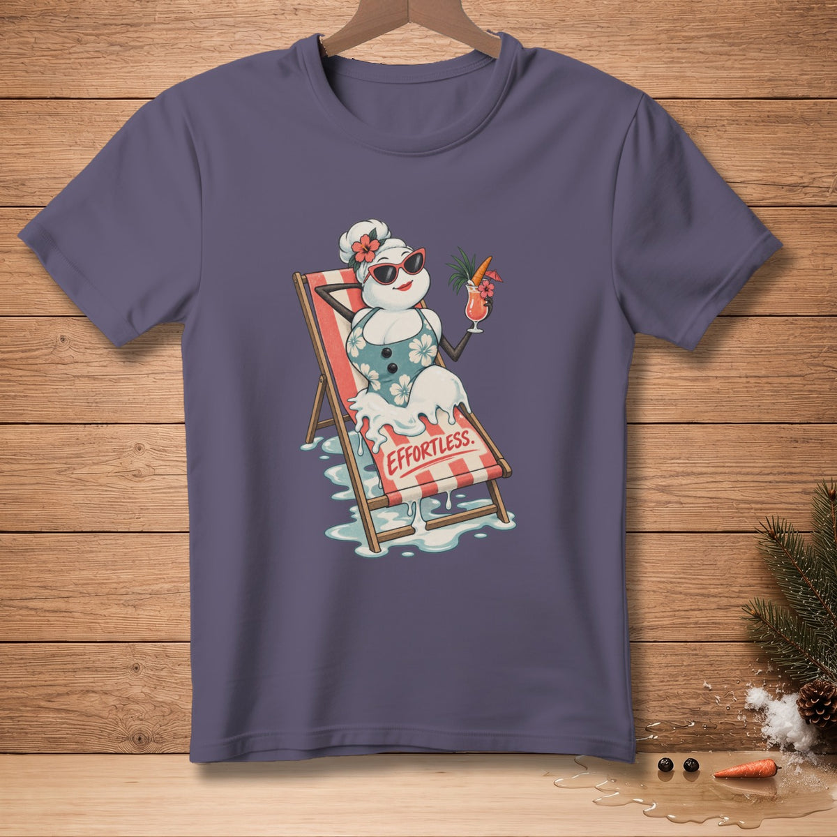 Snowman in a swimsuit relaxing on a beach chair, text says "Effortless".