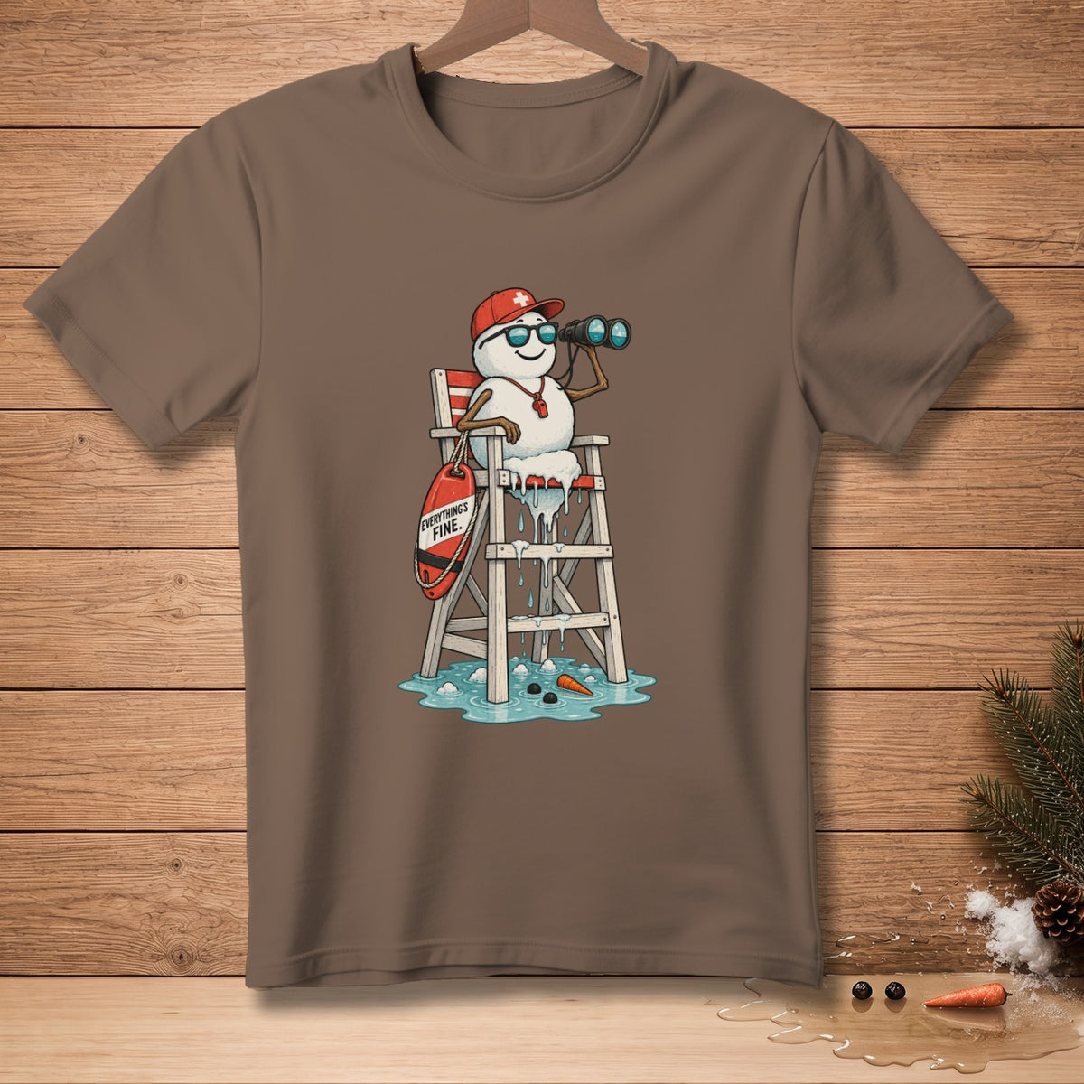 Snowman lifeguard on chair with binoculars and red buoy reading "Everything's Fine."