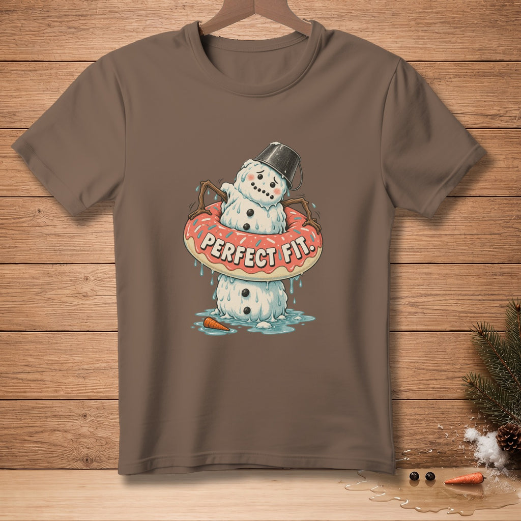 Brown t-shirt featuring a melting snowman in a pink donut with "PERFECT FIT." text.