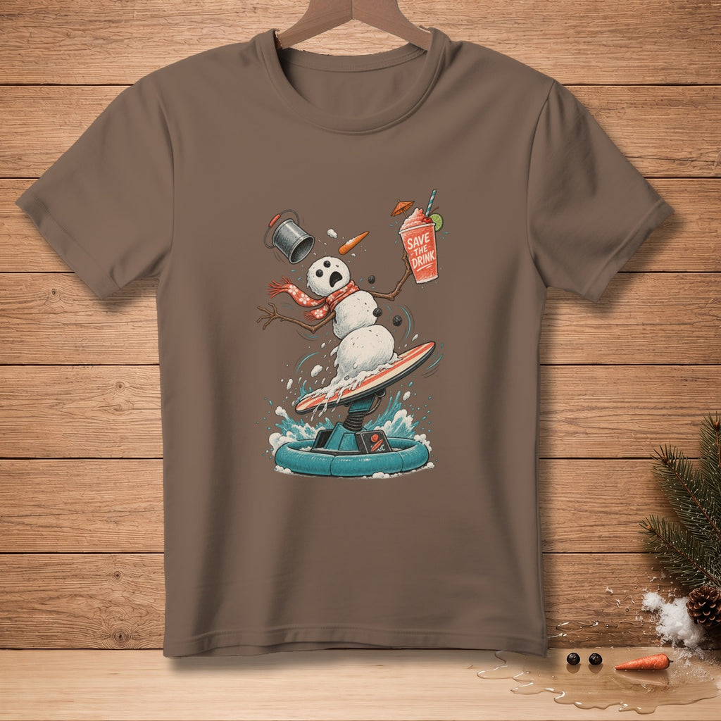 Snowman surfing on a hoverboard holding a drink with text "Save The Drink".