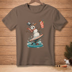 Snowman surfing on a hoverboard holding a drink with text "Save The Drink".