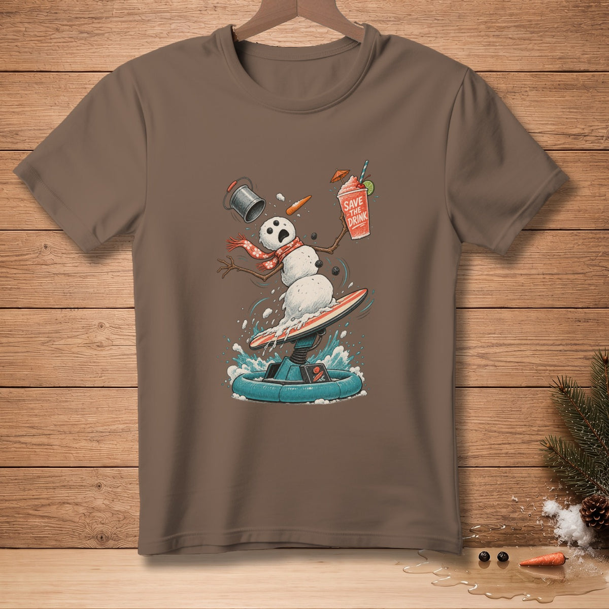 Snowman surfing on a hoverboard holding a drink with text "Save The Drink".
