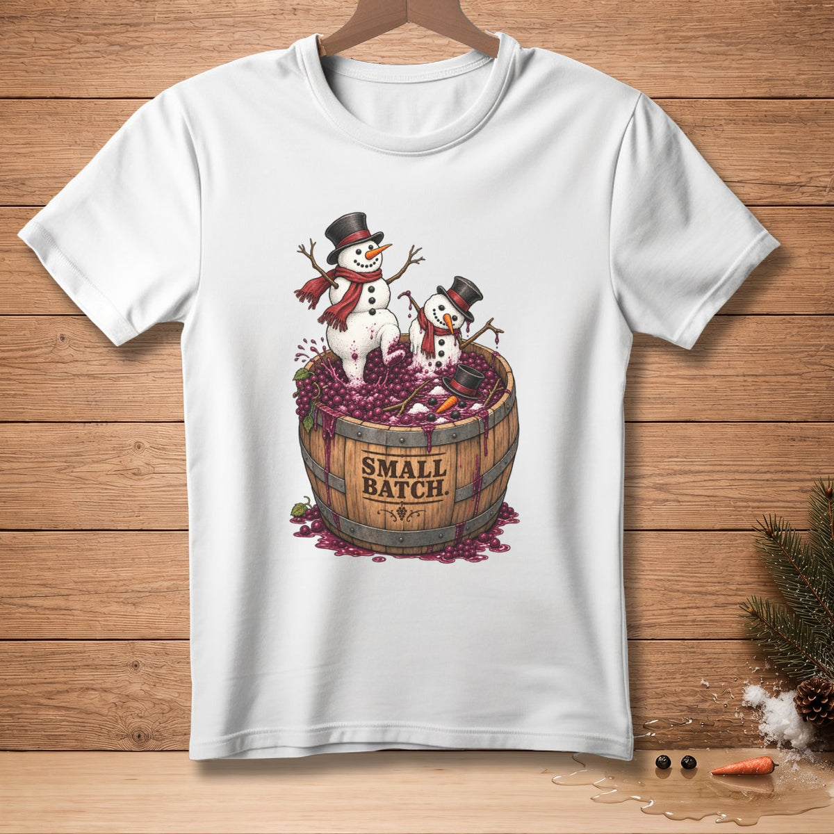 Two snowmen in a barrel of grapes with "Small Batch" text on the barrel.