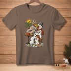 Snowman eating a giant burrito labeled "COMMITTED" with a tropical background.