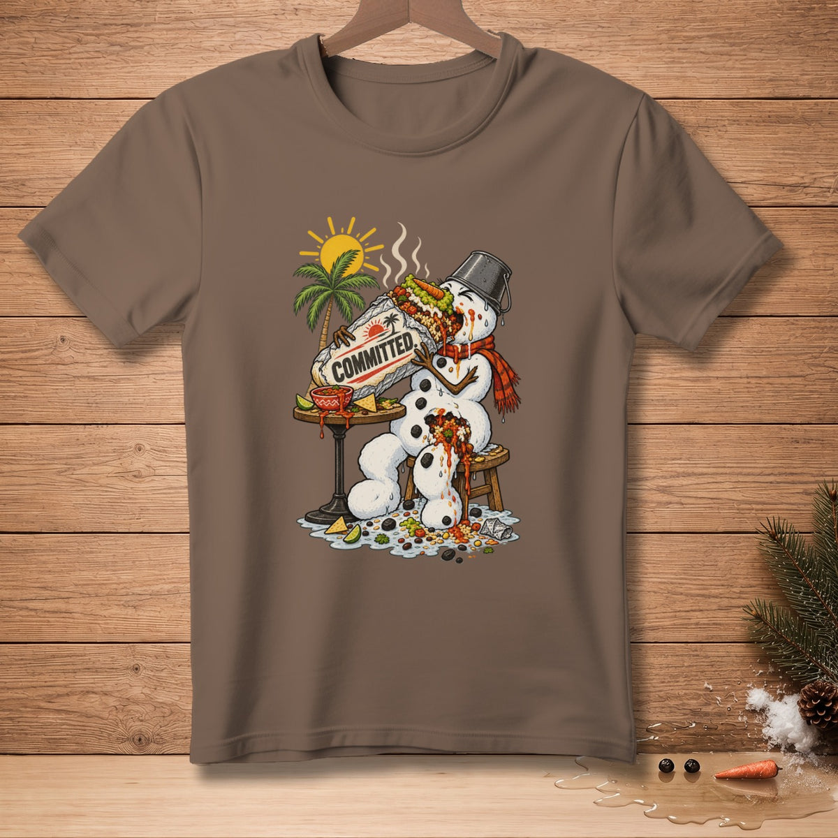 Snowman eating a giant burrito labeled "COMMITTED" with a tropical background.