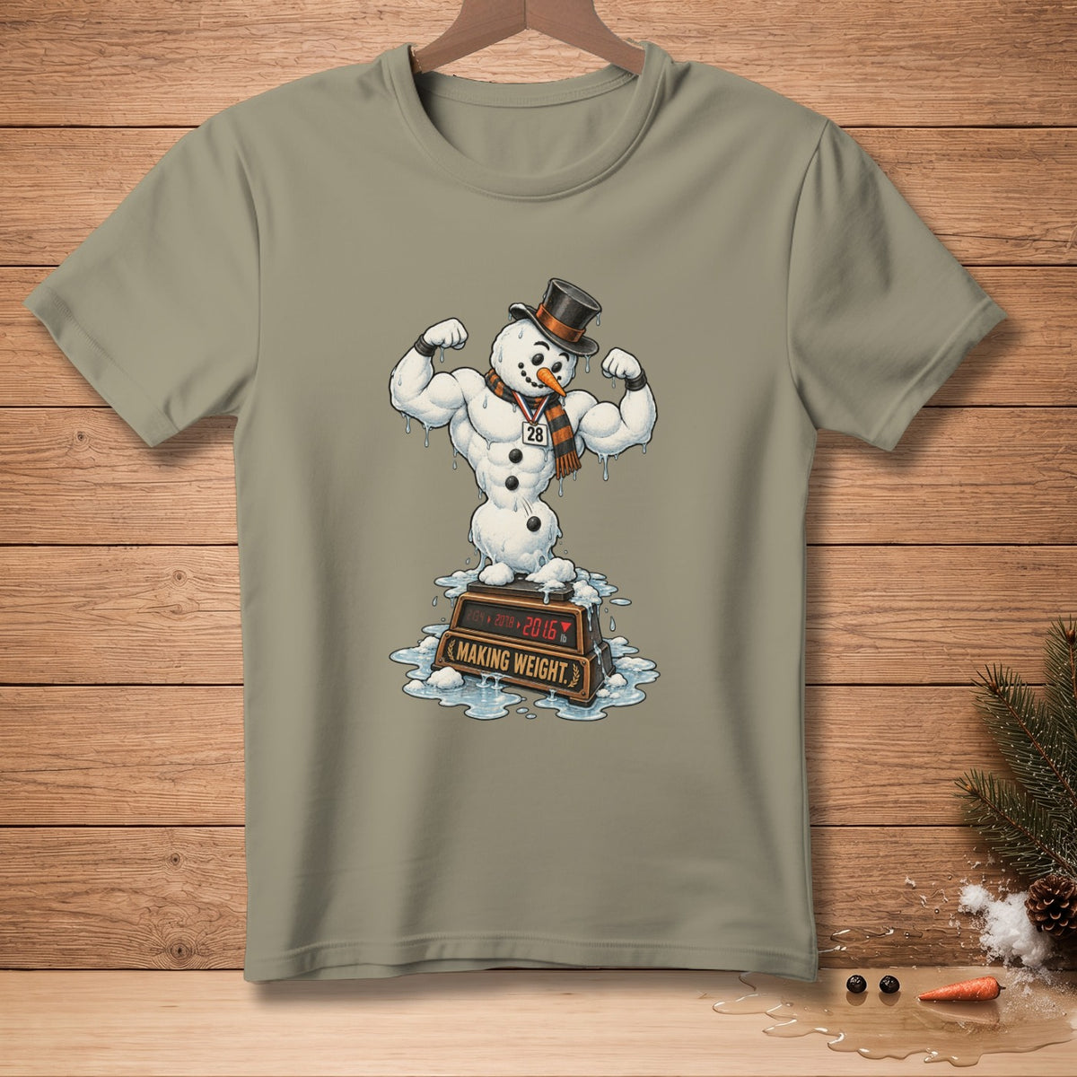 Muscular snowman on scale displaying "MAKING WEIGHT", wearing a medal.