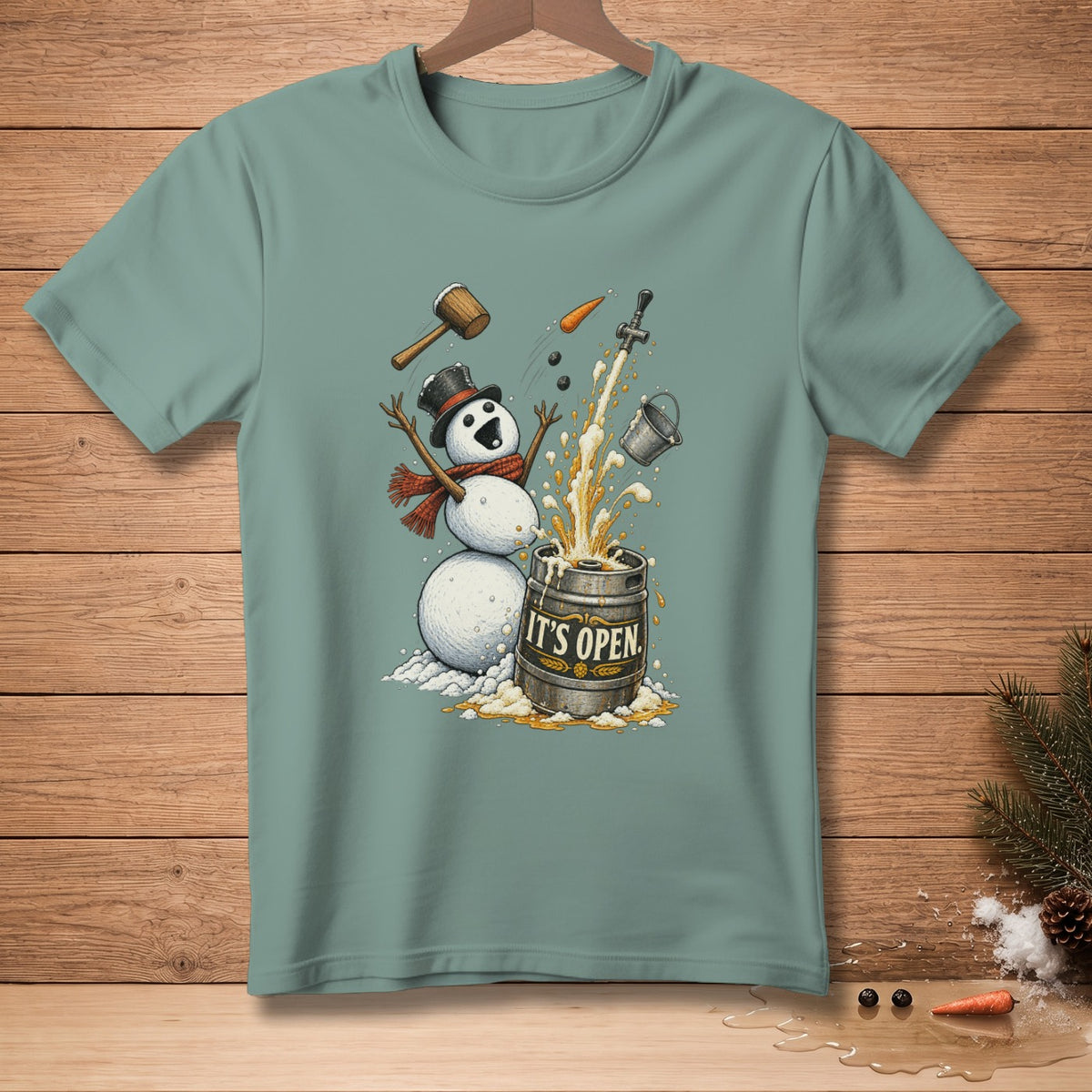 Snowman with top hat and scarf pours beer from keg labeled "IT'S OPEN".