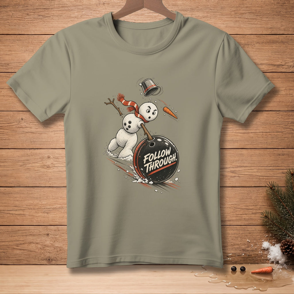 Snowman bowling a ball with text "FOLLOW THROUGH" on a grey t-shirt.