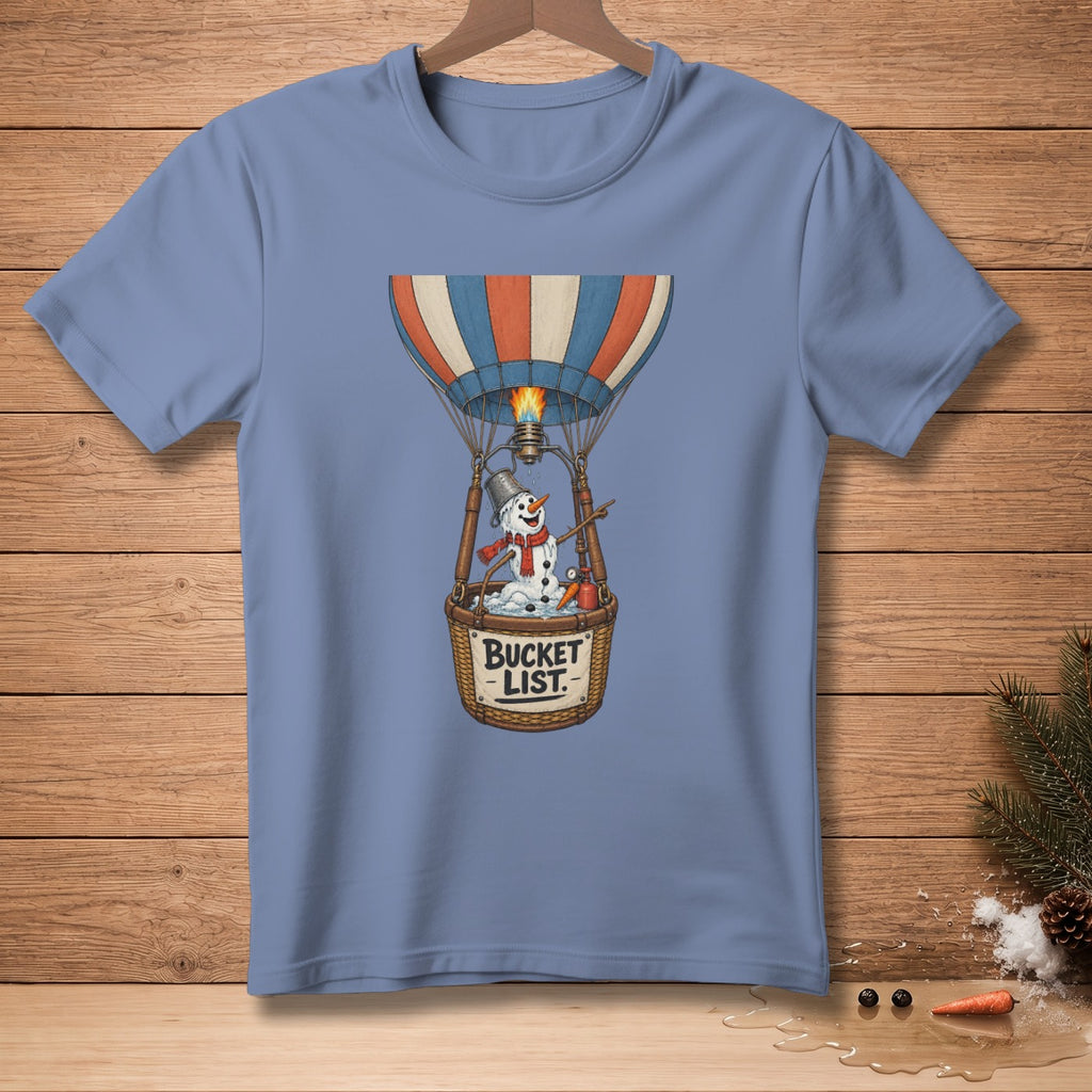 Snowman in hot air balloon basket with "Bucket List" text.