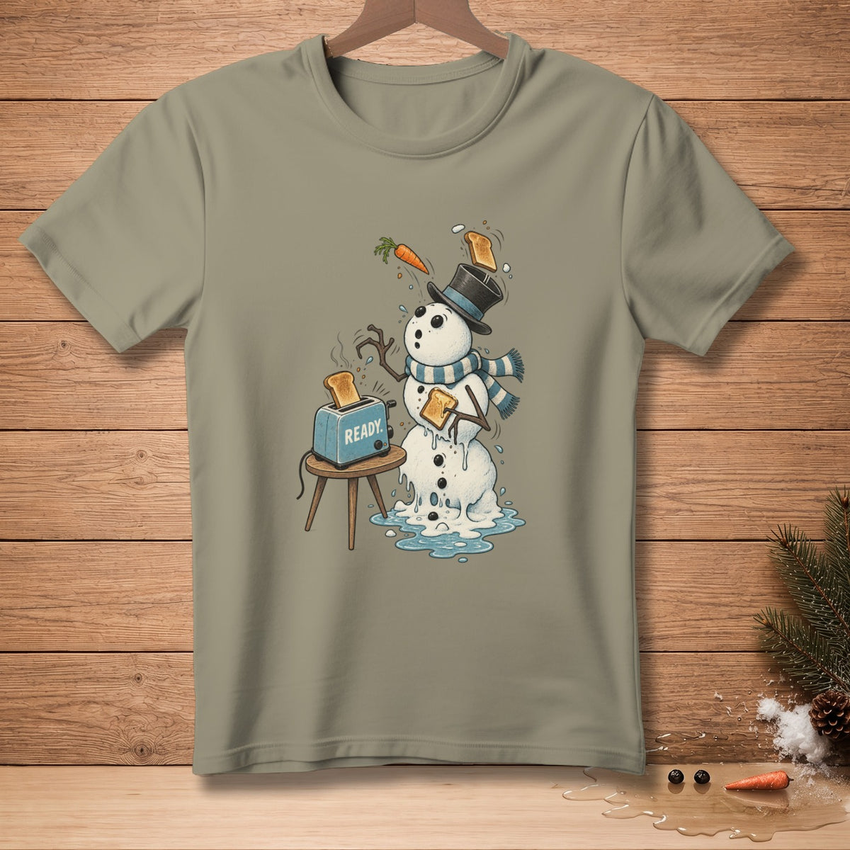 Melting snowman with toast, carrot, and "READY." toaster.