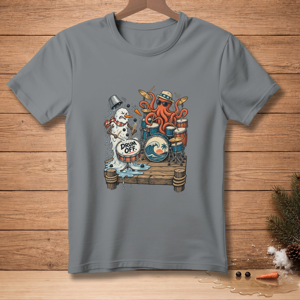 Snowman and octopus playing drums on a pier, with "DRUM OFF." text.
