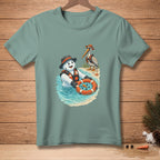 Snowman in water with life vest and a pelican on beach, shirt graphic.