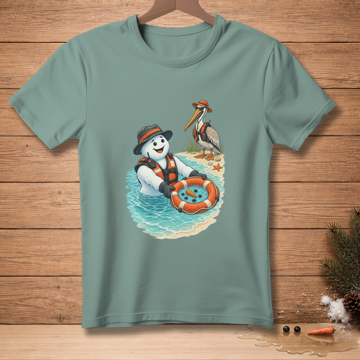 Snowman in water with life vest and a pelican on beach, shirt graphic.