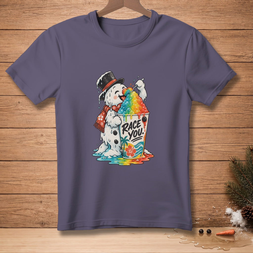Snowman with top hat eating rainbow shaved ice, text "RACE YOU!".