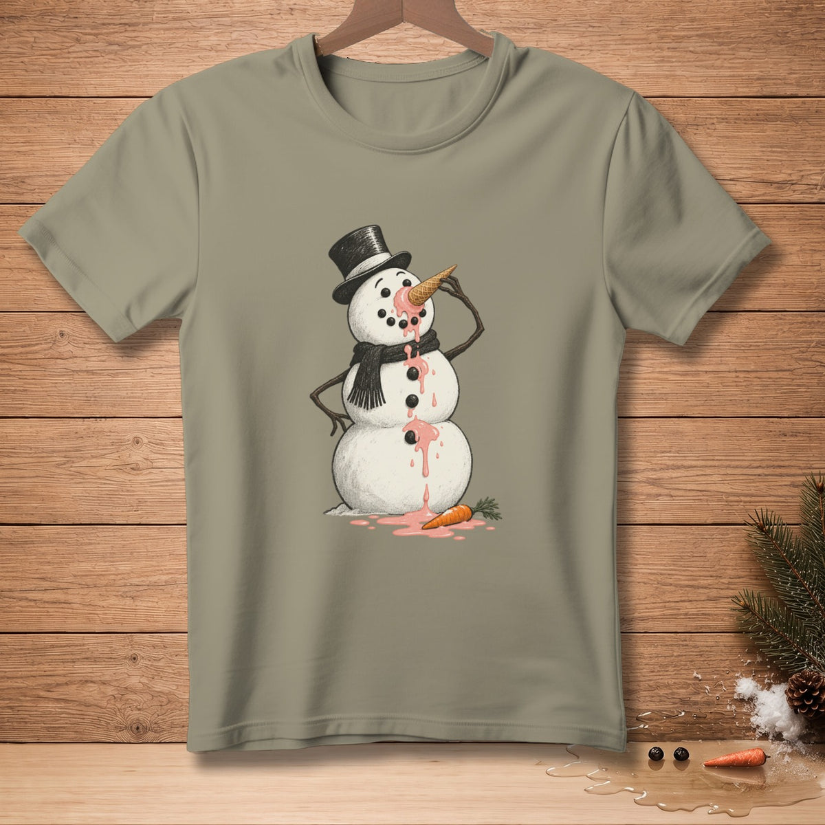 Melting snowman in a top hat eating an ice cream cone, on a grey t-shirt.