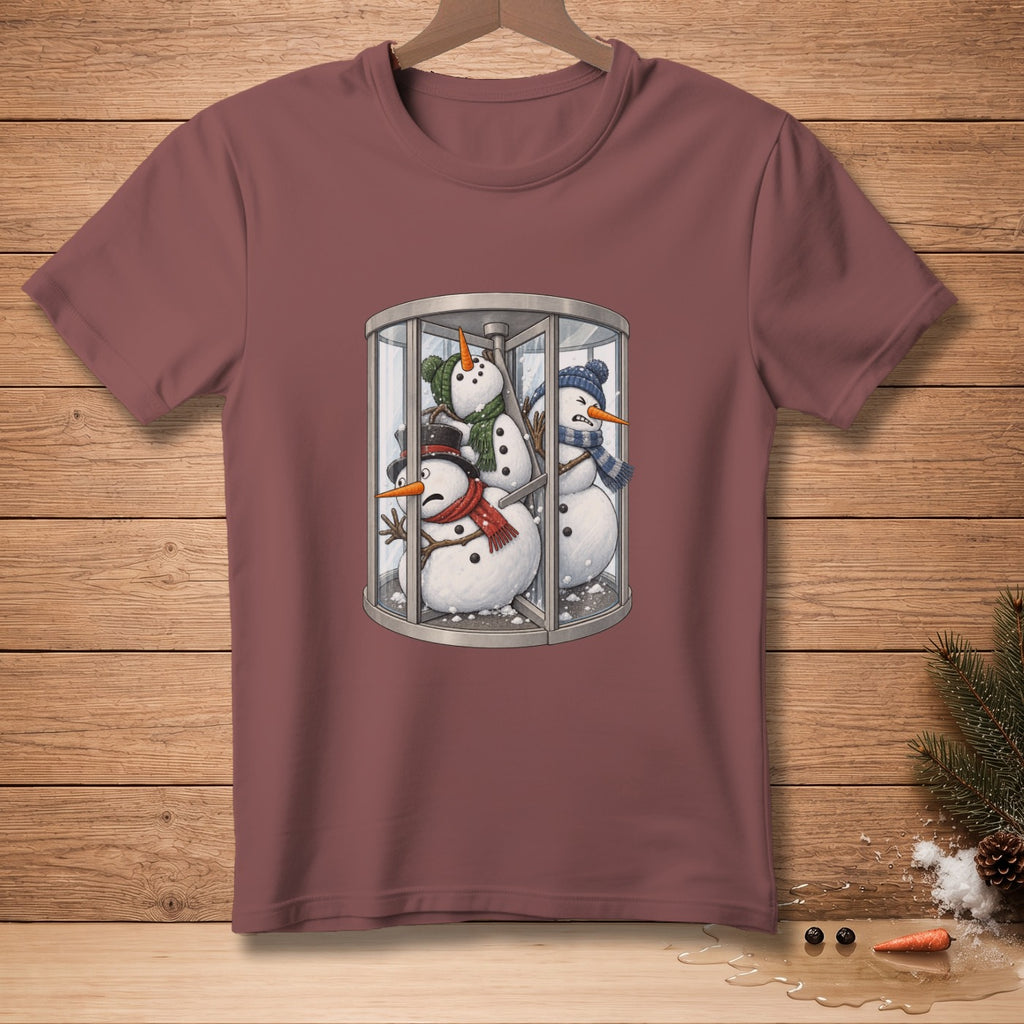 Three snowmen wearing hats and scarves are stuck inside a revolving door.