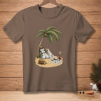 Two melting snowmen with sunglasses under a palm tree on a beach with a "Reserved" coconut.
