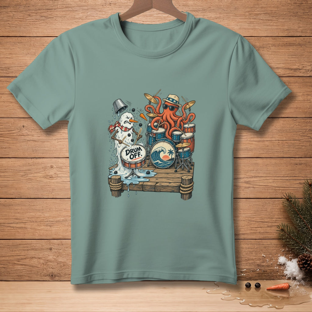 Octopus and melting snowman playing drums on a dock with "Drum Off." text.